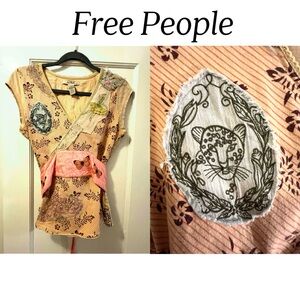 💝Free People Patch Work Shirt Butterfly BallerinaJaguarRoosterLace Tie in back